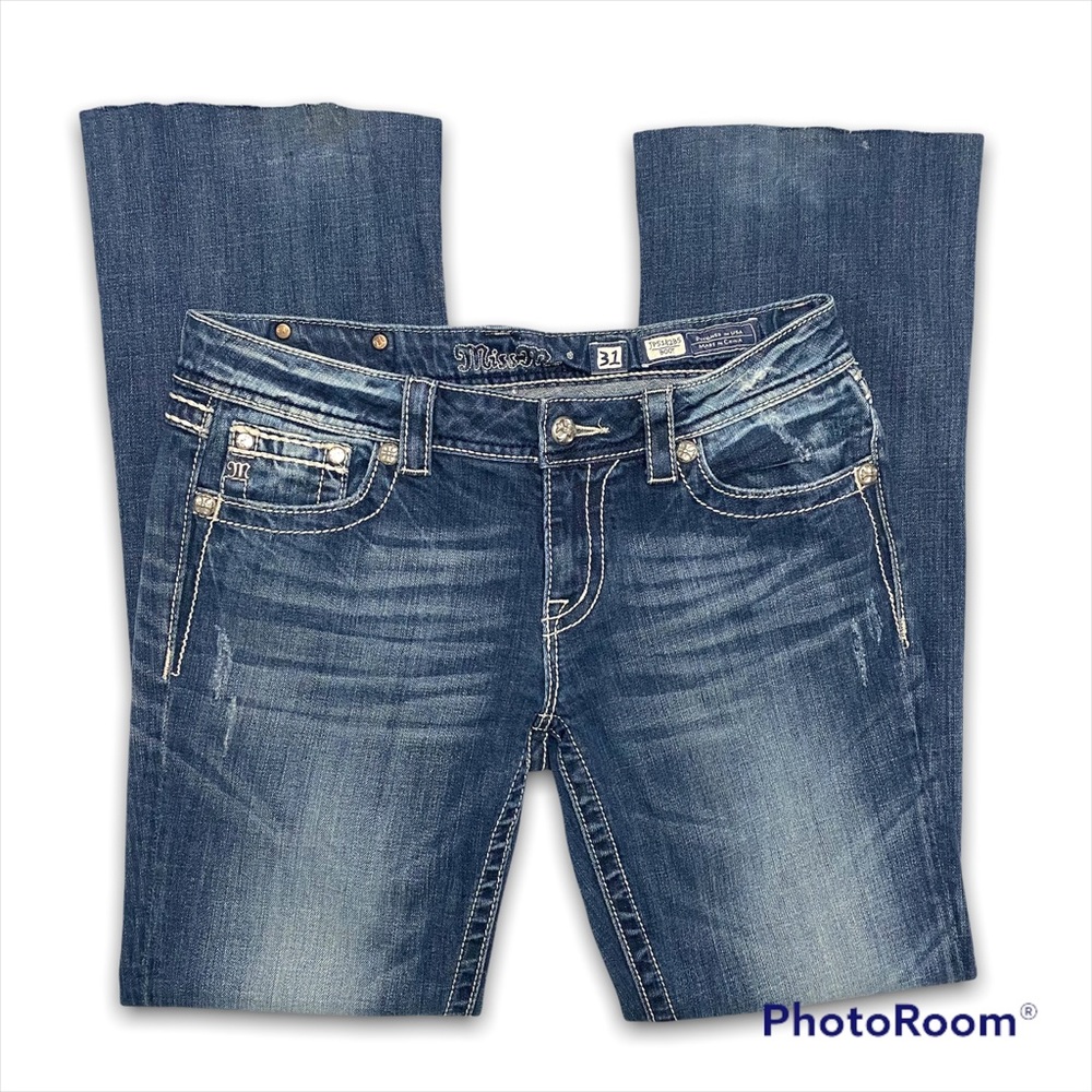 Miss Me Mid Rise Boot Cut Denim Blue Jeans Fleur De Lis Rhinestones Women's 31